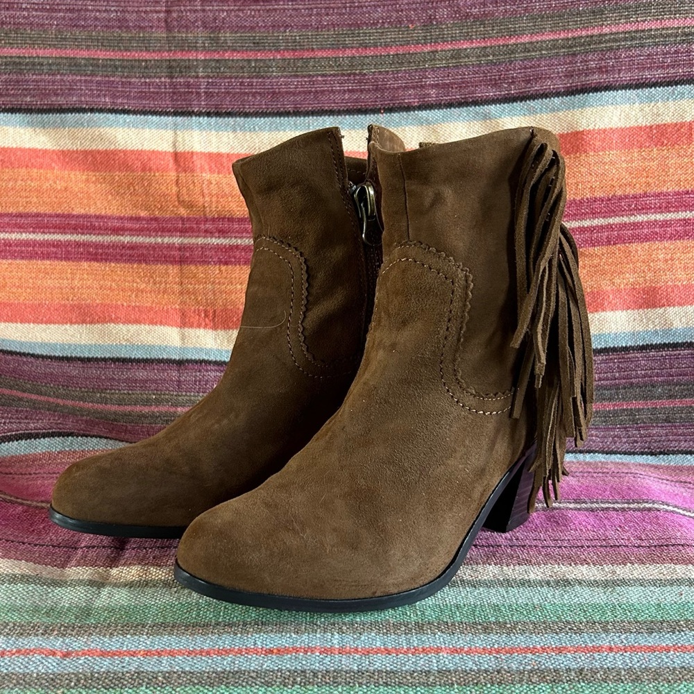 Brown Suede Fringe Ankle Boots